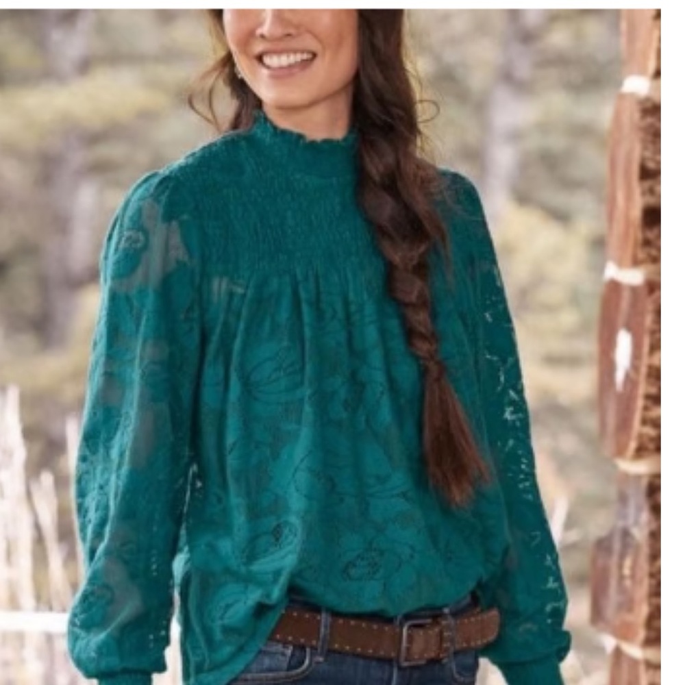 Sundance Dorina Elegant Teal Turquoise Lace Women's Lined Top blouson sleeves